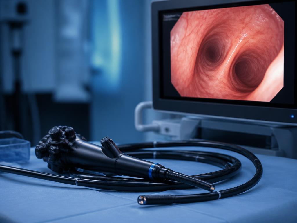 Broncoscópio flexível ao lado de monitor com imagem das vias aéreas